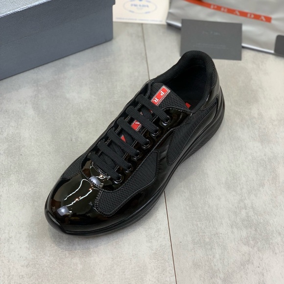 Prada Men's Glossy Black Sneakers with Red Accents- America’s Cup Sneakers - Picture 1 of 6